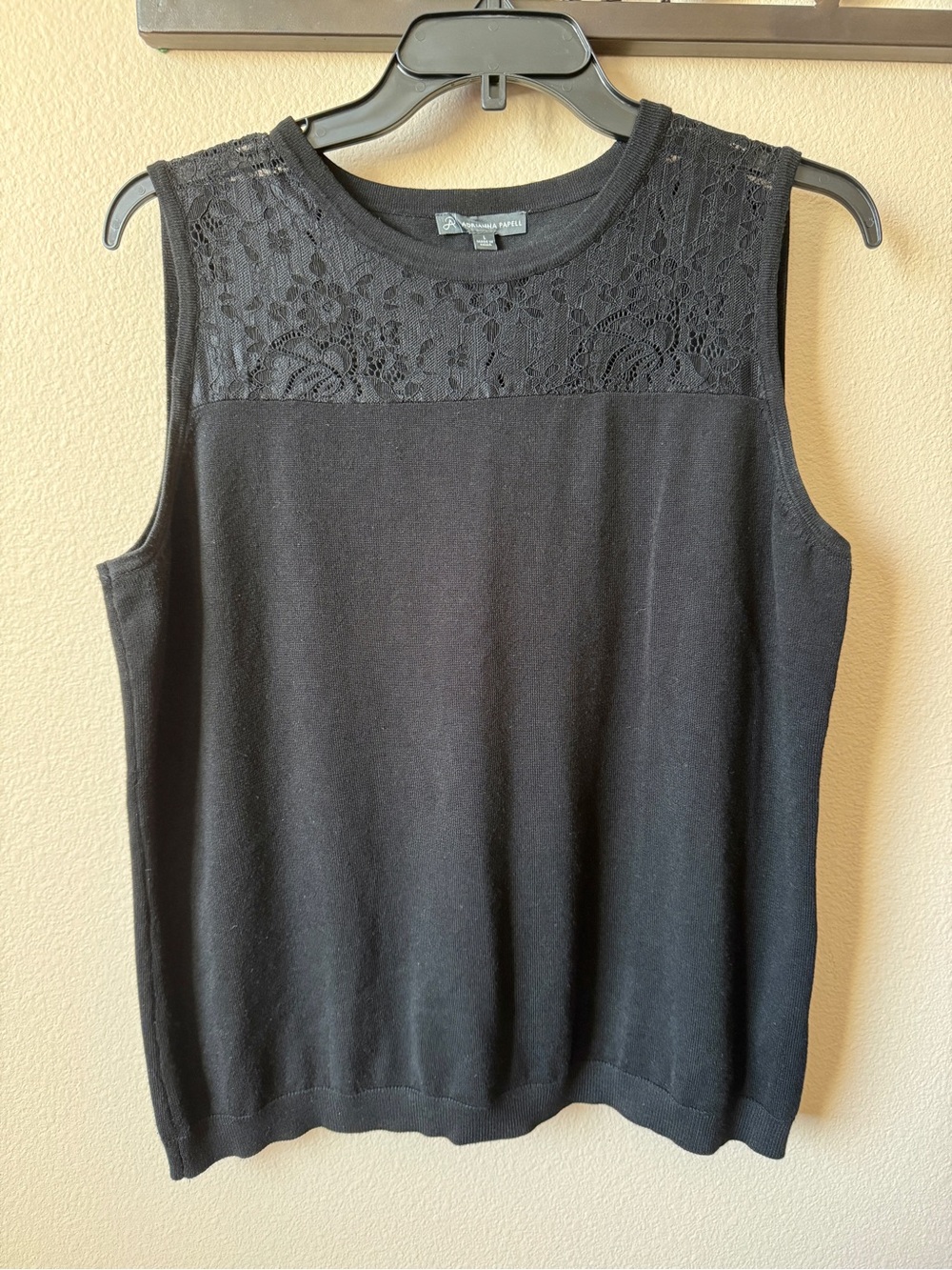 Adrianna Papell Black Lace-Yoke Knit Tank